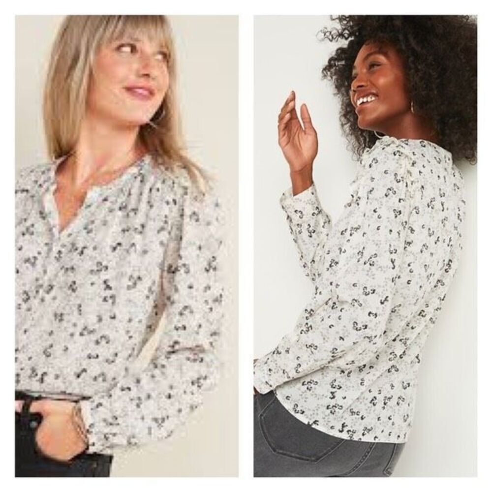 Old Navy Oversized Printed Button-Front Blouse White & Black Notched Neck Medium